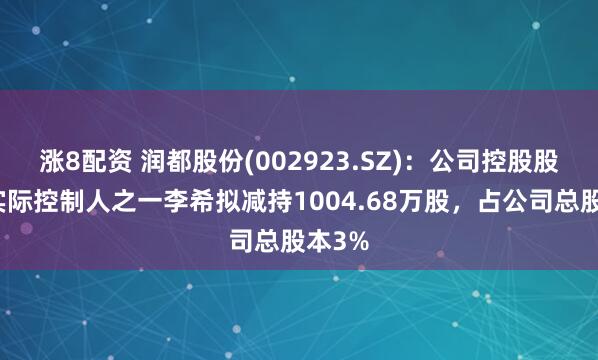 涨8配资 润都股份(002923.SZ)：公司控股股东及实际控制人之一李希拟减持1004.68万股，占公司总股本3%